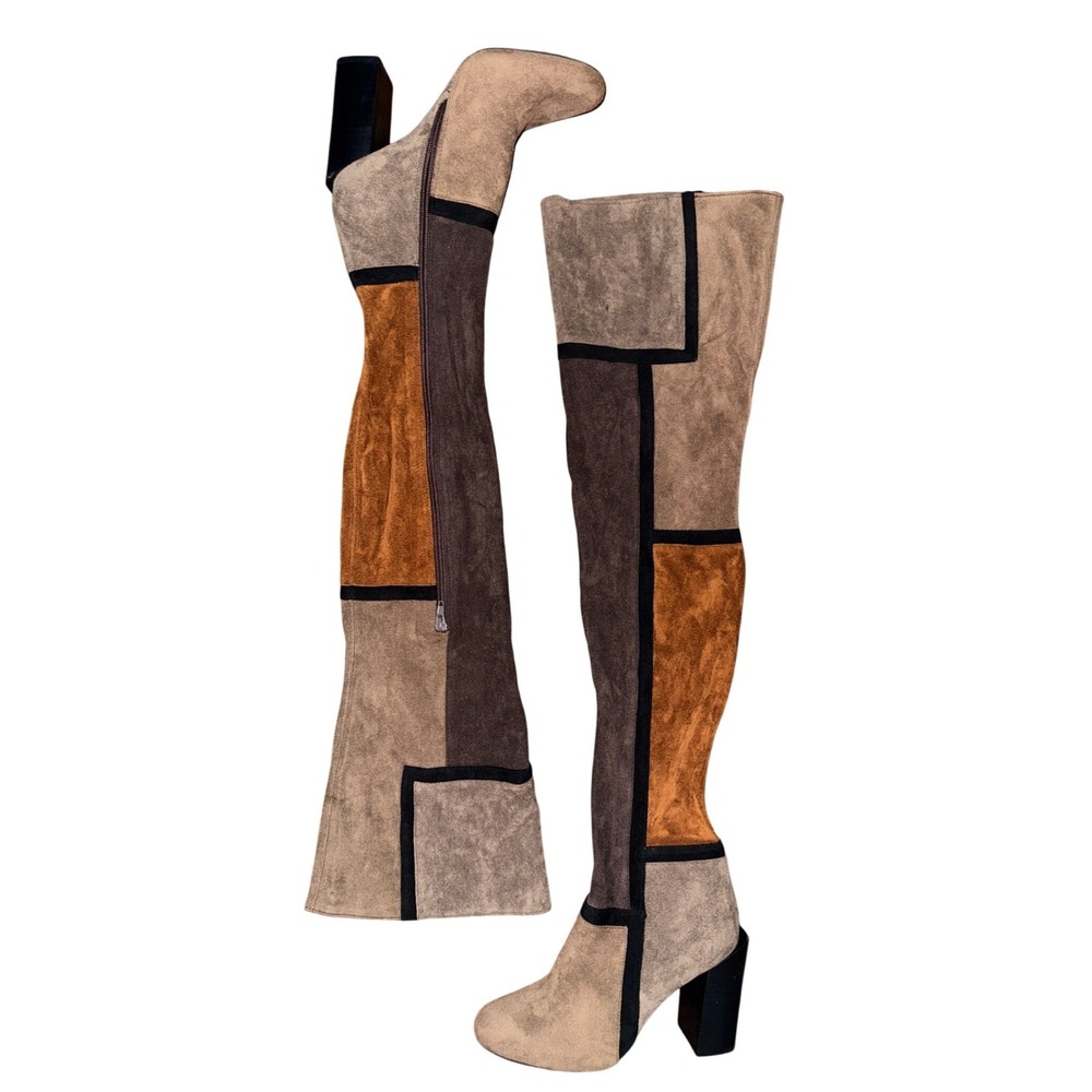 Jeffrey Campbell Brown Patchwork Over The Knee Boots Vegan Suede Boho Twee